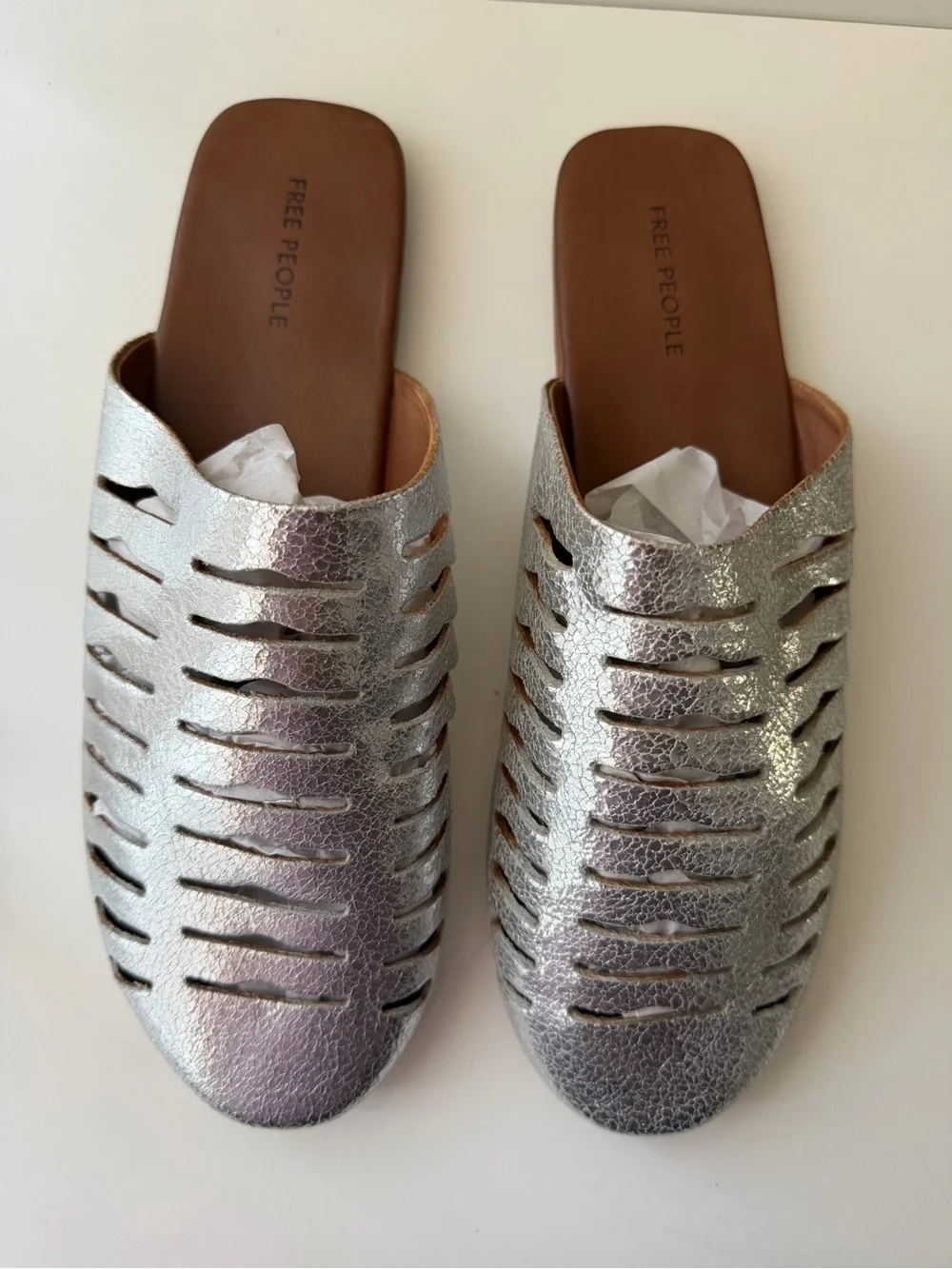 Free People Slice of Sun Silver Leather Cutout Mule Flats - Size 7.5 NWT